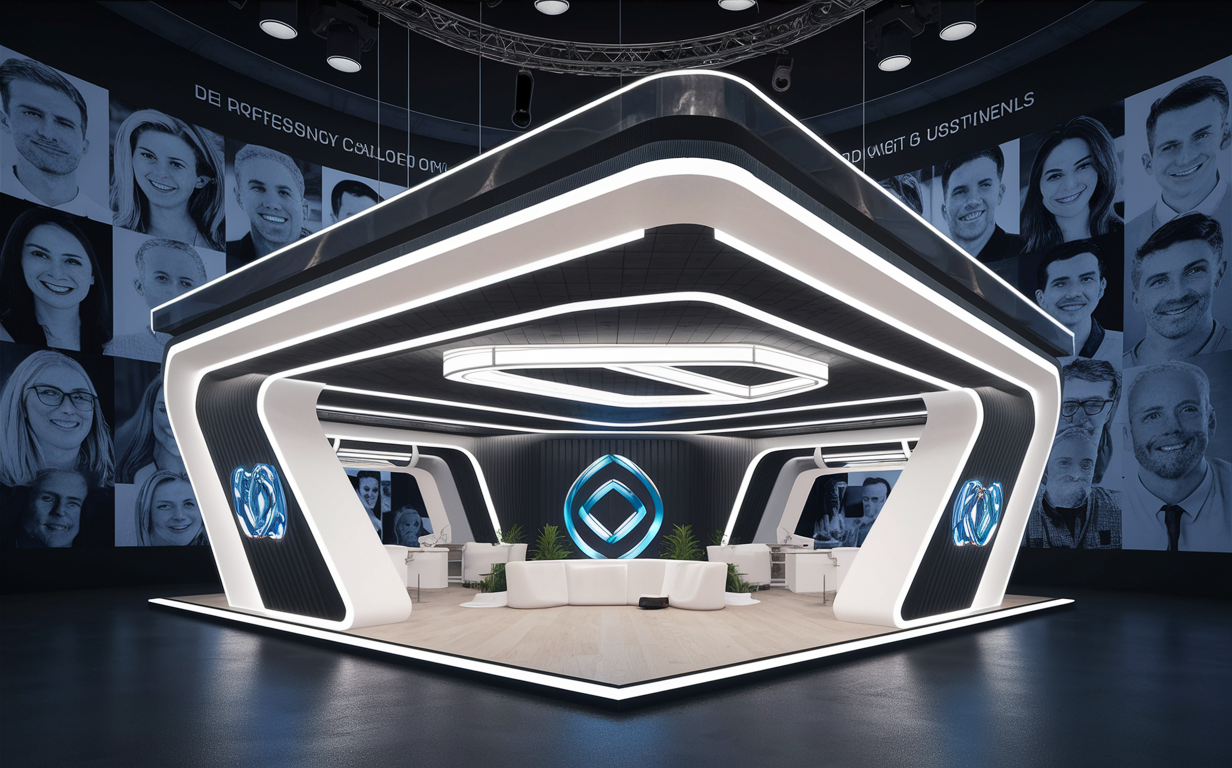 A cutting-edge 3D rendering of a custom-designed exhibition booth. The booth features sleek lines, modern LED lighting, and an eye-catching holographic logo. The interior is spacious, inviting visitors to explore the brand's offerings. Surrounding the booth are faces of satisfied customers, creating a sense of trust and credibility. The overall ambiance is innovative, futuristic, and professionally executed.