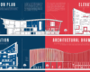 A comprehensive and visually appealing infographic explaining architectural drawings. It features a section plan, showcasing a cross-section of a modern building with its various rooms and structures, and an elevation, depicting the building's exterior from a specific angle. The section plan is in blue, while the elevation is in red, with both drawings highlighting significant architectural elements. The infographic is accompanied by clear, concise text in a modern font, making it accessible for beginners and professionals alike.