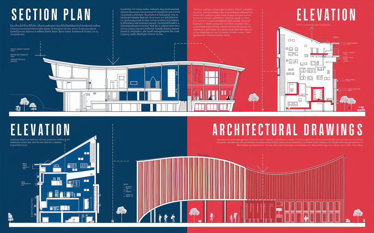 A comprehensive and visually appealing infographic explaining architectural drawings. It features a section plan, showcasing a cross-section of a modern building with its various rooms and structures, and an elevation, depicting the building's exterior from a specific angle. The section plan is in blue, while the elevation is in red, with both drawings highlighting significant architectural elements. The infographic is accompanied by clear, concise text in a modern font, making it accessible for beginners and professionals alike.