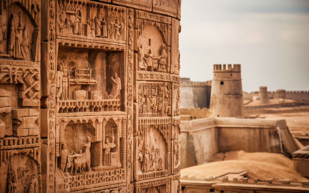 A close-up, detailed wall section of an ancient fortress with intricate carvings depicting scenes from its rich history. The wall is adorned with symbols and patterns, representing various cultures and time periods that have influenced the fortress's development. The background reveals the vast and expansive landscape of the fortress, with towers and battlements visible in the distance. The overall ambiance of the image is one of historical significance and the passage of time.