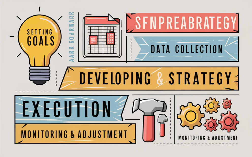 A visually appealing infographic detailing the steps of implementing and executing a strategic plan. The first step, "Setting Goals," is represented by a lightbulb, followed by a spreadsheet icon for "Data Collection." The third step, "Developing Strategy," is shown as a map, while "Execution" is depicted by a hammer and chisel. Finally, "Monitoring & Adjustment" is illustrated by a set of gears. The overall design is clean, modern, and informative, with bright colors to draw the viewer's attention.