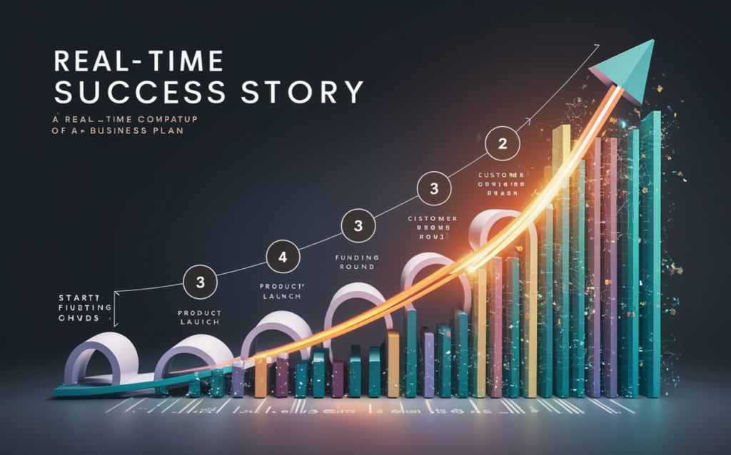 A stunning infographic that showcases a real-time success story of a startup business plan. The visuals include a sleek timeline, with milestones such as product launch, funding rounds, and customer acquisition. There's a vibrant, growing graph that represents the company's exponential growth over time. The overall design is modern, dynamic, and engaging, inspiring a sense of motivation and achievement.