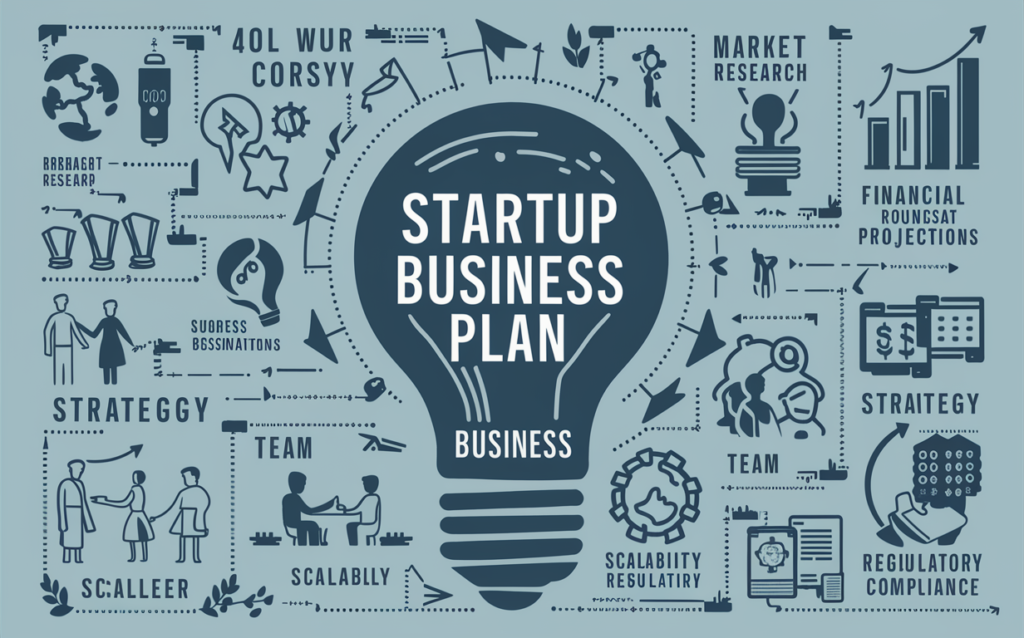 A digital illustration of a detailed startup business plan showcasing its key components. The central element is a silhouette of a lightbulb with the words "Startup Business Plan" inscribed. Surrounding it are essential elements such as market research, financial projections, team and strategy. The critical aspects, such as scalability and regulatory compliance, are shown as smaller icons. The overall design is modern, clean, and visually engaging.