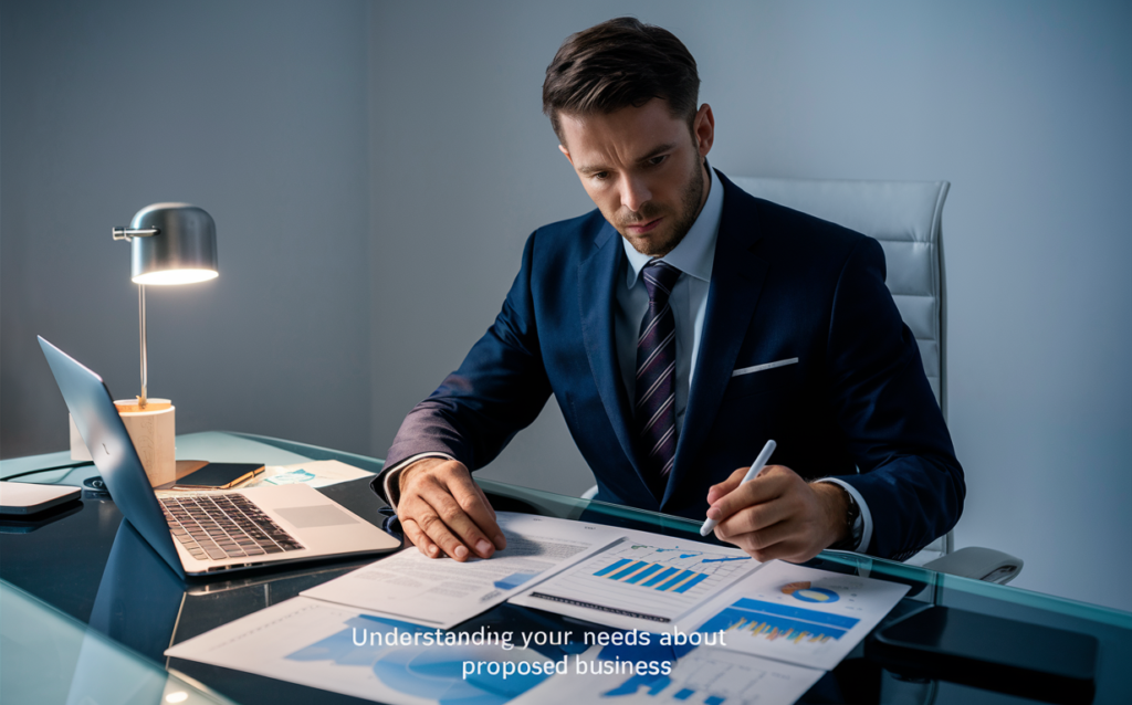 A professional businessman, doing proposed business , fully suited, is sitting at a sleek, modern desk. He is intently studying a detailed report, his eyes deep in concentration. A laptop is open beside him, with a series of graphs and charts illuminating the screen. In his hand, he holds a stylus, ready to make annotations. The room around him is minimalist, with only a few necessary items visible. The caption on the image reads: 'Understanding Your Needs about Proposed Business'.