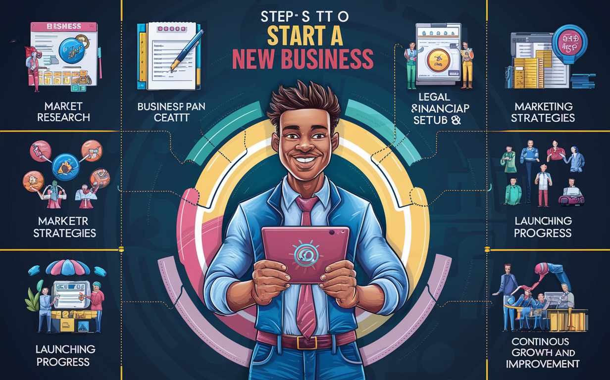 A detailed and colorful infographic that outlines the steps to start a new business. A smiling, confident entrepreneur stands in the center, holding a tablet with the business logo. Surrounding the entrepreneur are eight vibrant icons representing market research, business plan creation, legal and financial setup, marketing strategies, network and partnership building, launching the business, monitoring progress, and continuous growth and improvement.